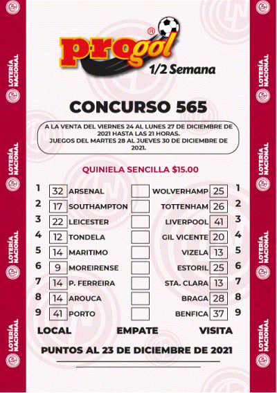 Partidos Progol Media Semana 565 Quiniela Ganadora