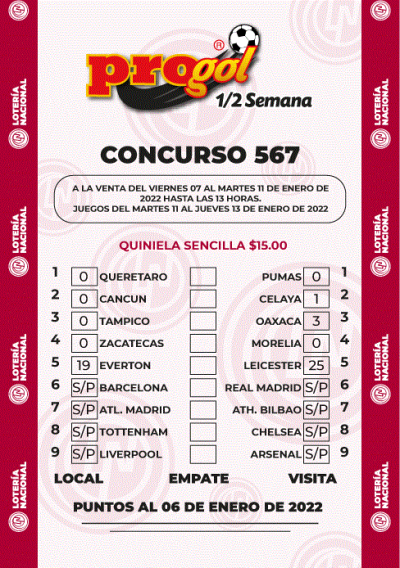 Partidos Progol Media Semana 567 Quiniela Ganadora