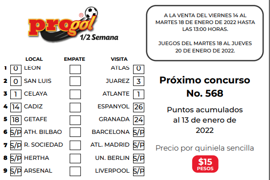 Partidos Progol Media Semana 568 Quiniela Ganadora