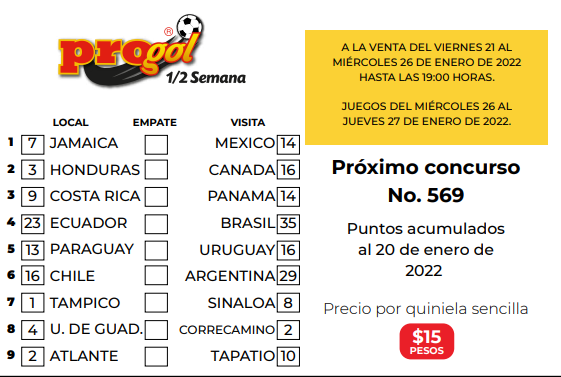 Partidos Progol Media Semana 569 Quiniela Ganadora