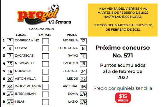 Partidos Progol Media Semana 571 Quiniela Ganadora