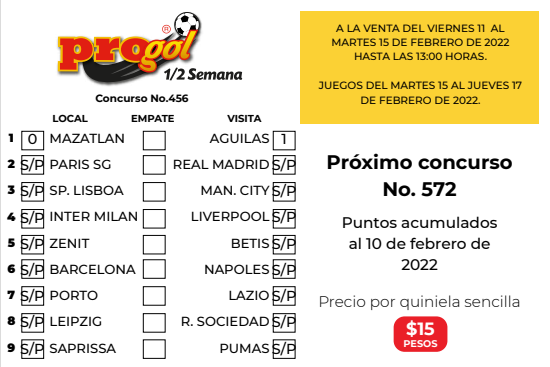 Partidos Progol Media Semana 572 Quiniela Ganadora