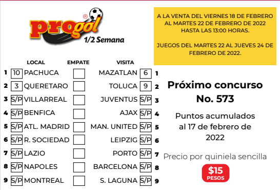 Partidos Progol Media Semana 573 Quiniela Ganadora