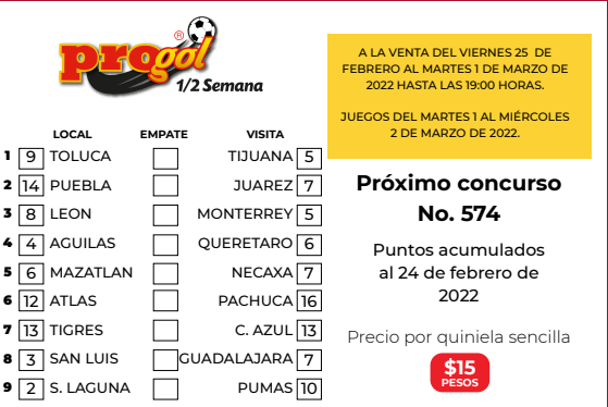 Partidos Progol Media Semana 574 Quiniela Ganadora