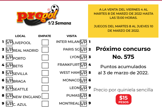 Partidos Progol Media Semana 575 Quiniela Ganadora