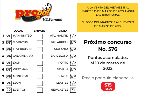 Partidos Progol Media Semana 576 Quiniela Ganadora