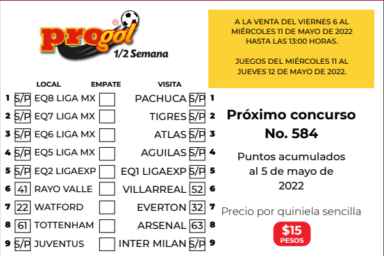 Partidos Progol Media Semana 584 Quiniela Ganadora