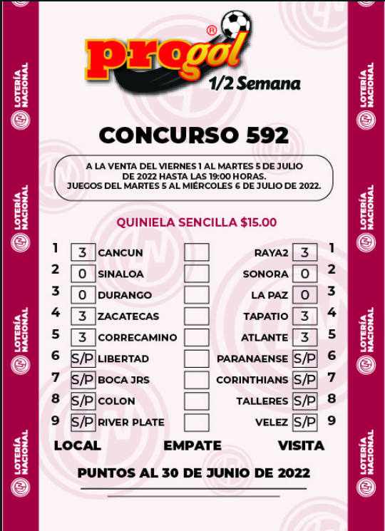 Partidos Progol Media Semana 592 Quiniela Ganadora