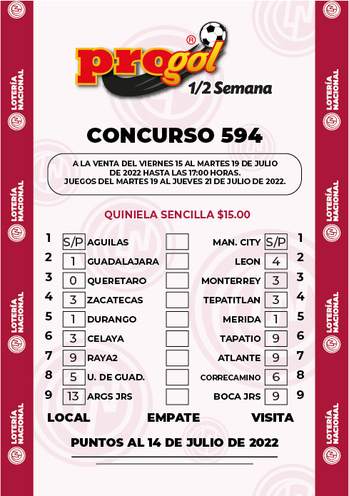 Partidos Progol Media Semana 594 Quiniela Ganadora