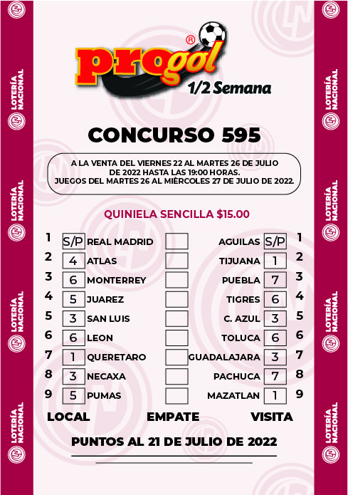 Partidos Progol Media Semana 595 Quiniela Ganadora