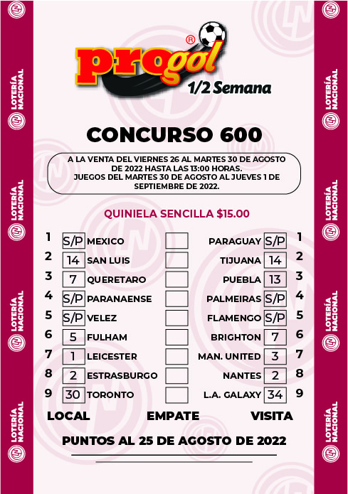 Partidos Progol Media Semana 600 Quiniela Ganadora