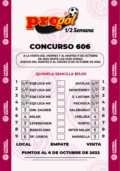 Partidos Progol Media Semana 606 Quiniela Ganadora