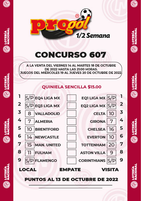 Partidos Progol Media Semana 607 Quiniela Ganadora