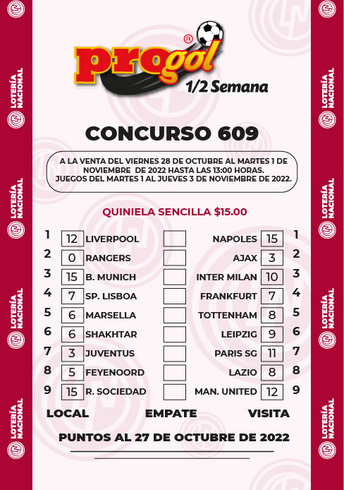 Partidos Progol Media Semana 609 Quiniela Ganadora