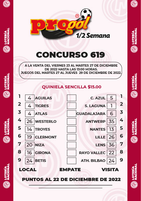 Partidos Progol Media Semana 619 Quiniela Ganadora