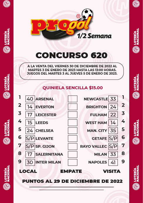 Partidos Progol Media Semana 620 Quiniela Ganadora
