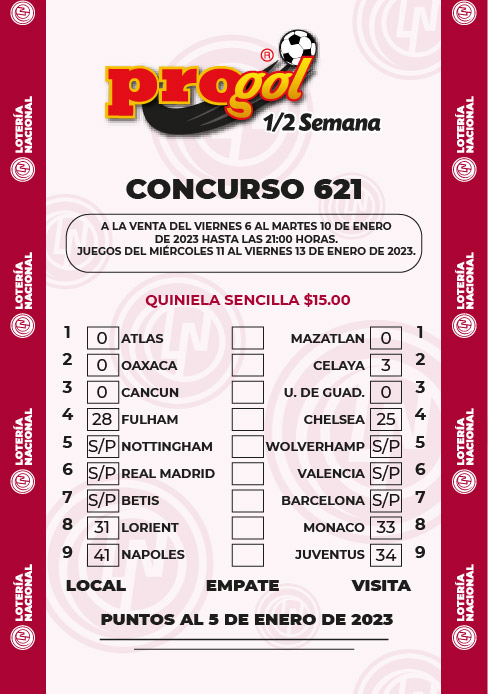 Partidos Progol Media Semana 621 Quiniela Ganadora