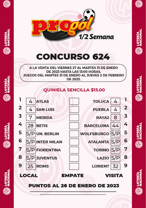 Partidos Progol Media Semana 624 Quiniela Ganadora