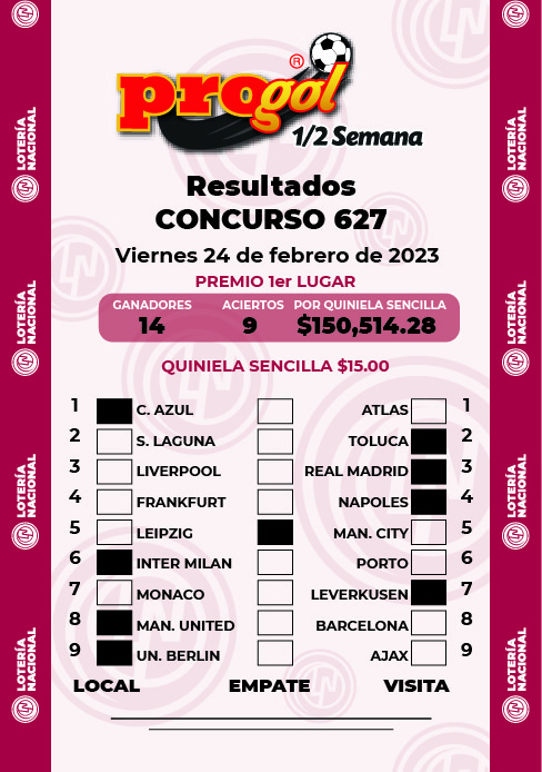 Resultados Progol Media Semana 627 Quiniela Ganadora