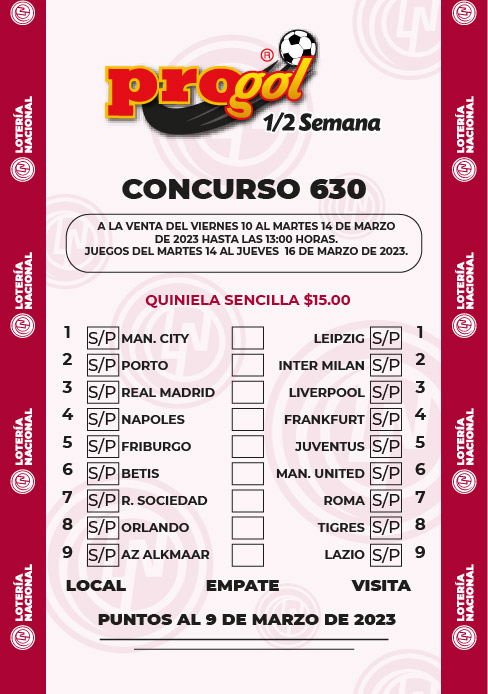 Partidos Progol Media Semana 630 Quiniela Ganadora