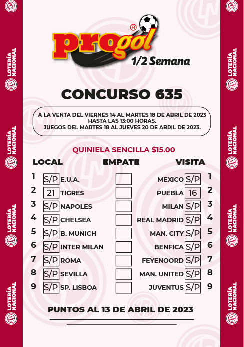 Partidos Progol Media Semana 635 Quiniela Ganadora