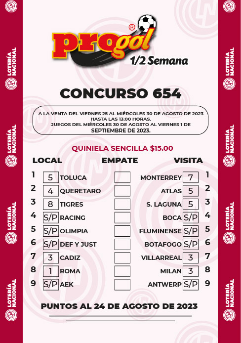 Partidos Progol Media Semana 654 Quiniela Ganadora