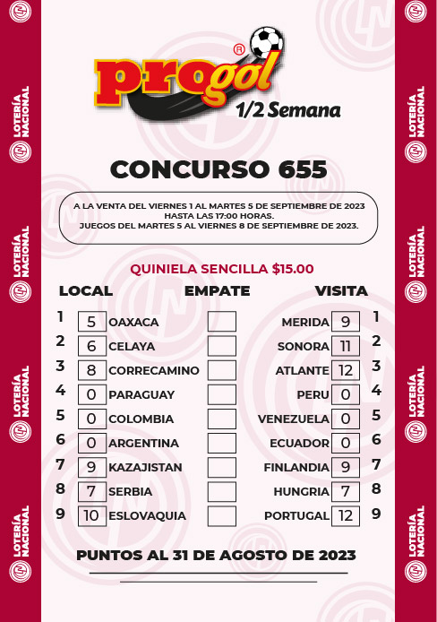 Partidos Progol Media Semana 655 Quiniela Ganadora
