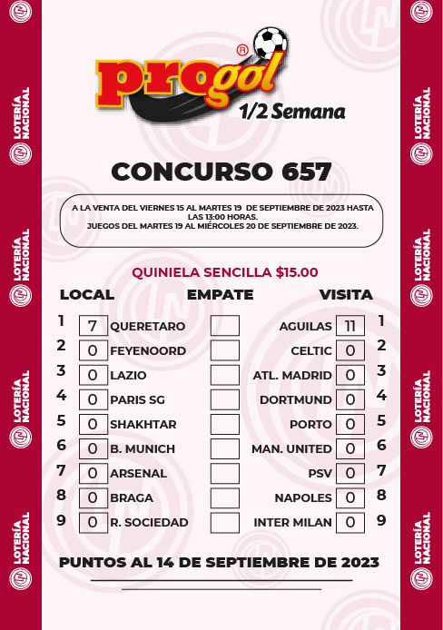 Partidos Progol Media Semana 657 Quiniela Ganadora