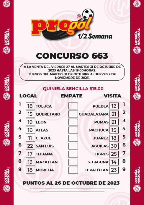 Partidos Progol Media Semana 663 Quiniela Ganadora