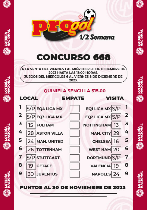 Partidos Progol Media Semana 668 Quiniela Ganadora
