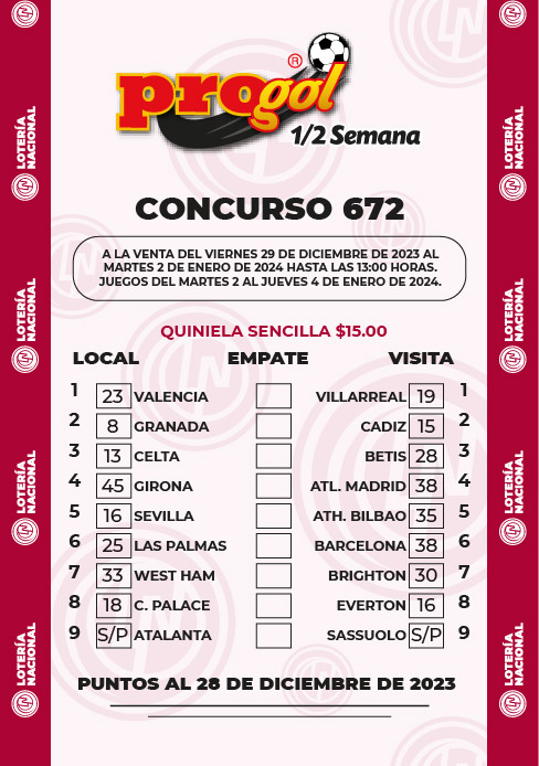 Partidos Progol Media Semana 672 Quiniela Ganadora