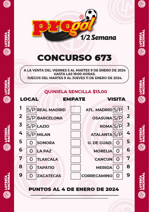 Partidos Progol Media Semana 673 Quiniela Ganadora