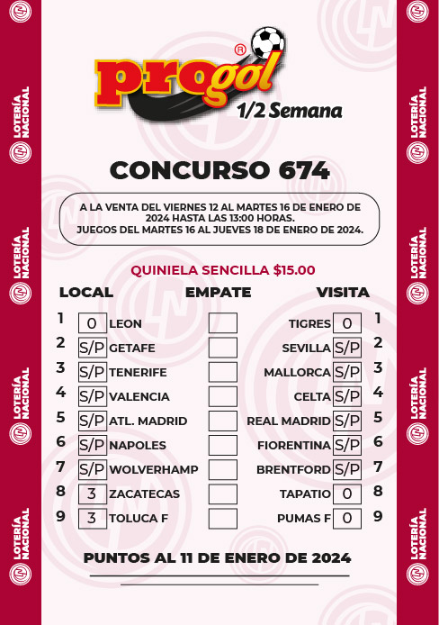 Partidos Progol Media Semana 674 Quiniela Ganadora