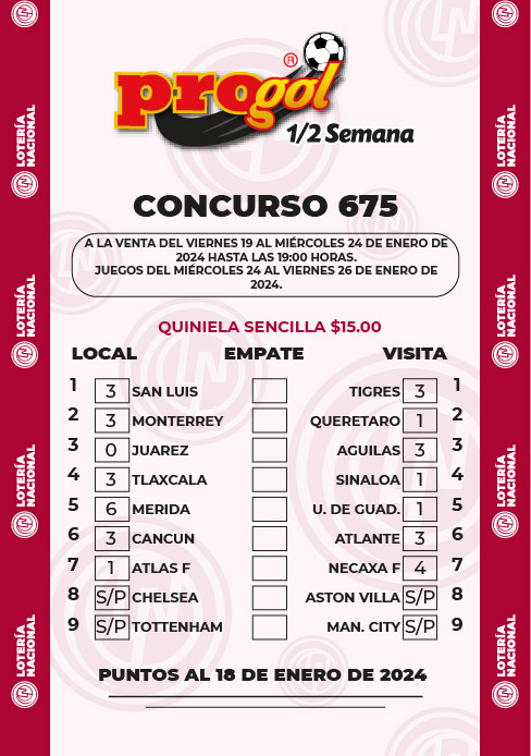 Partidos Progol Media Semana 675 Quiniela Ganadora