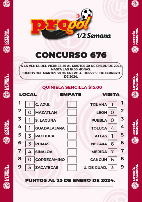 Partidos Progol Media Semana 676 Quiniela Ganadora