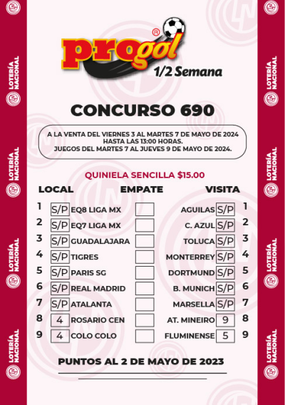 Partidos Progol Media Semana 690 Quiniela Ganadora