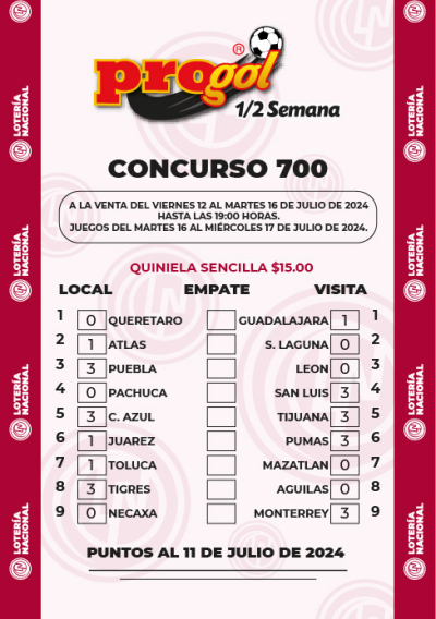 Partidos Progol Media Semana 700 Quiniela Ganadora