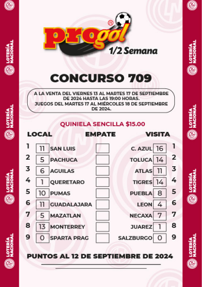 Partidos Progol Media Semana 709 Quiniela Ganadora