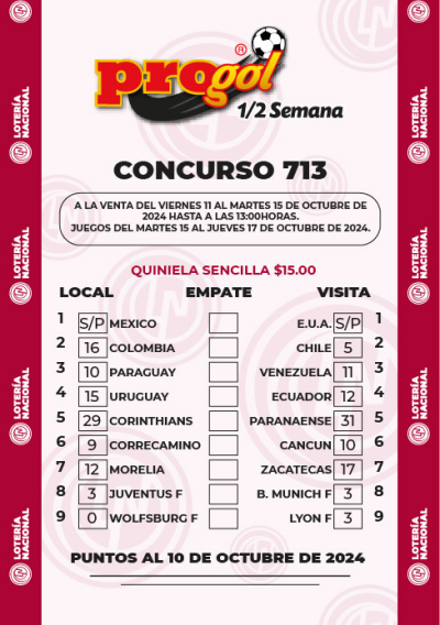 Partidos Progol Media Semana 713 Quiniela Ganadora