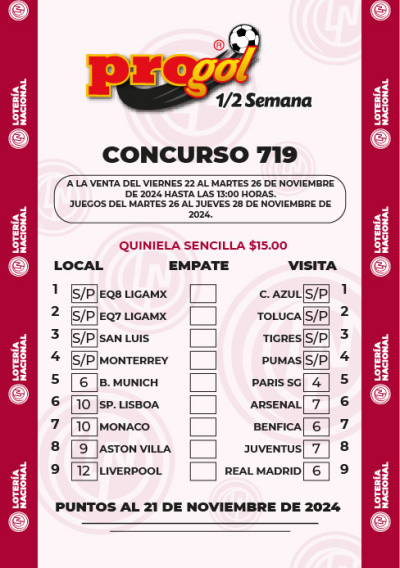 Partidos Progol Media Semana 719 Quiniela Ganadora