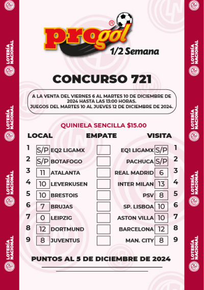Partidos Progol Media Semana 721 Quiniela Ganadora