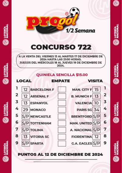 Partidos Progol Media Semana 722 Quiniela Ganadora