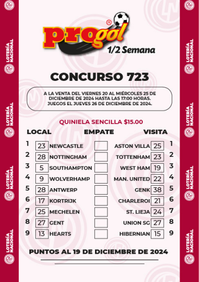 Partidos Progol Media Semana 723 Quiniela Ganadora