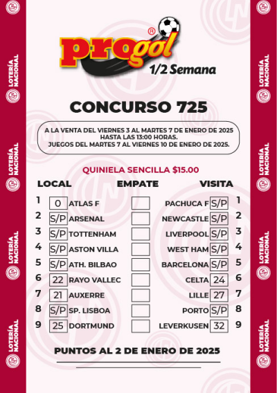 Partidos Progol Media Semana 725 Quiniela Ganadora