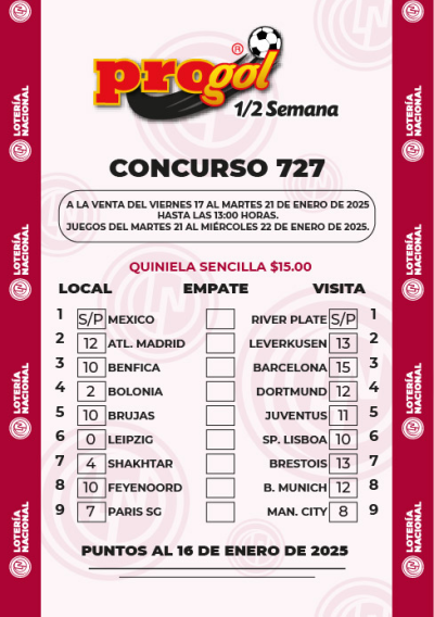 Partidos Progol Media Semana 727 Quiniela Ganadora