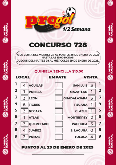 Partidos Progol Media Semana 728 Quiniela Ganadora
