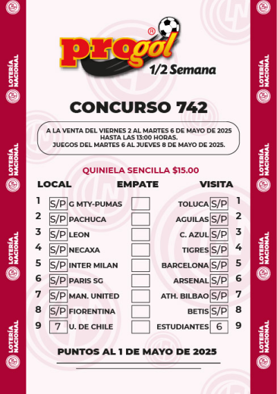 Partidos Progol Media Semana 742 Quiniela Ganadora