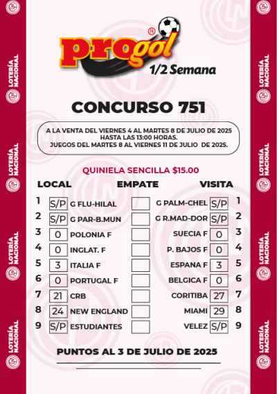 Partidos Progol Media Semana 751 Quiniela Ganadora