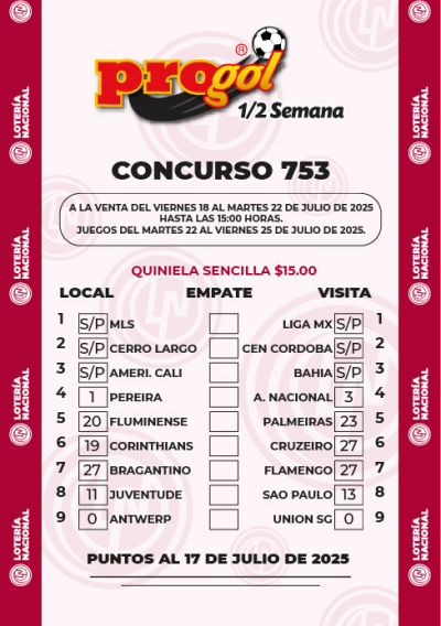 Partidos Progol Media Semana 753 Quiniela Ganadora