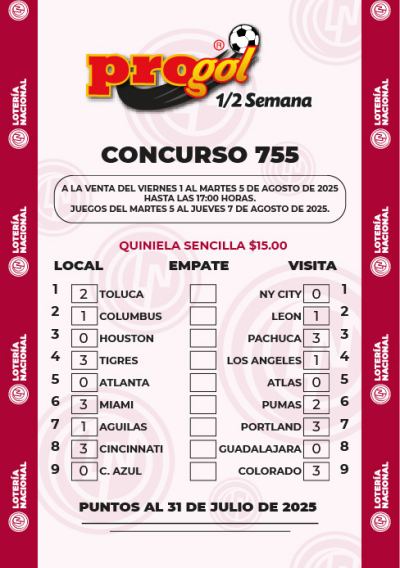 Partidos Progol Media Semana 755 Quiniela Ganadora